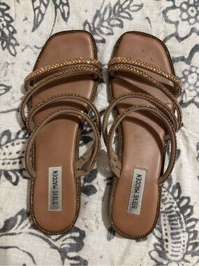 Steve Madden Brown Rhinestone Strappy Slide Sandals with Sparkle